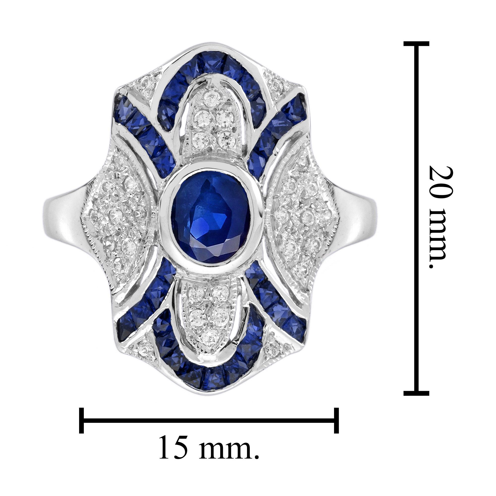Bague en or blanc saphir bleu diamant de style édouardien ajouré inspiré de l'art déco Unisexe en vente