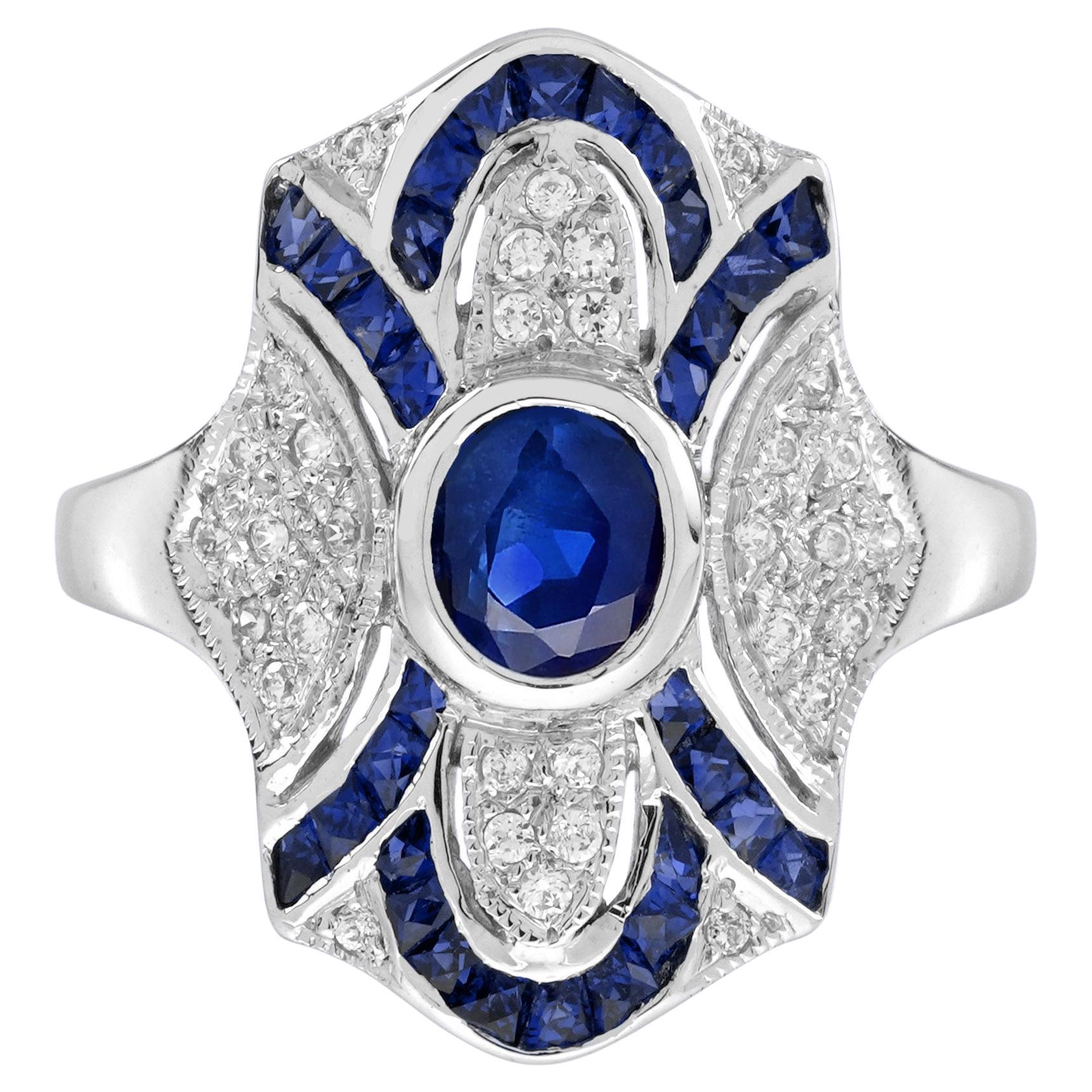 Blue Sapphire Diamond Edwardian Style Openwork Art Deco Inspired White Gold Ring