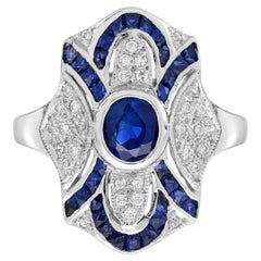 Blue Sapphire Diamond Edwardian Style Openwork Art Deco Inspired White Gold Ring