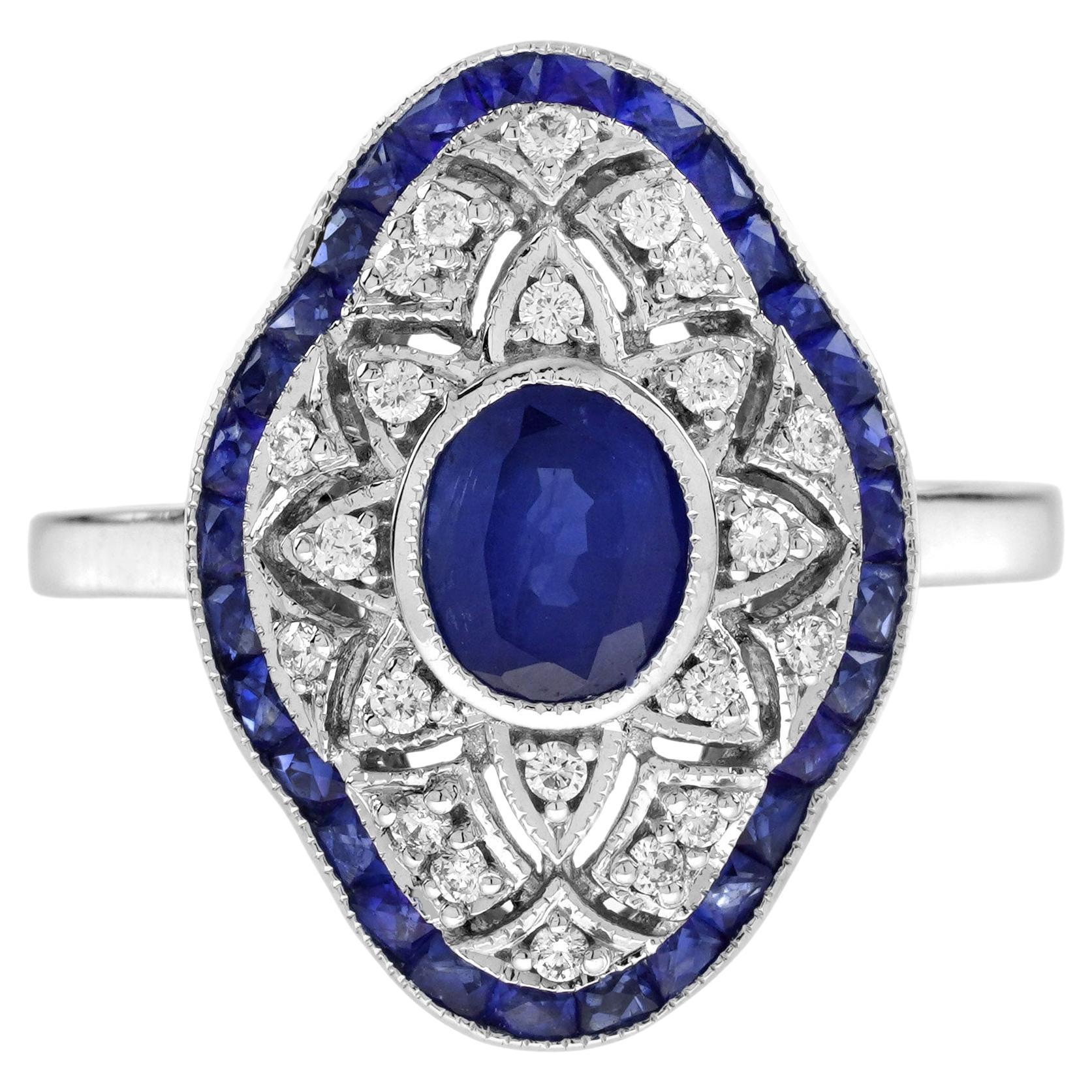 Blue Sapphire Diamond Edwardian Style Openwork Art Deco Inspired White Gold Ring