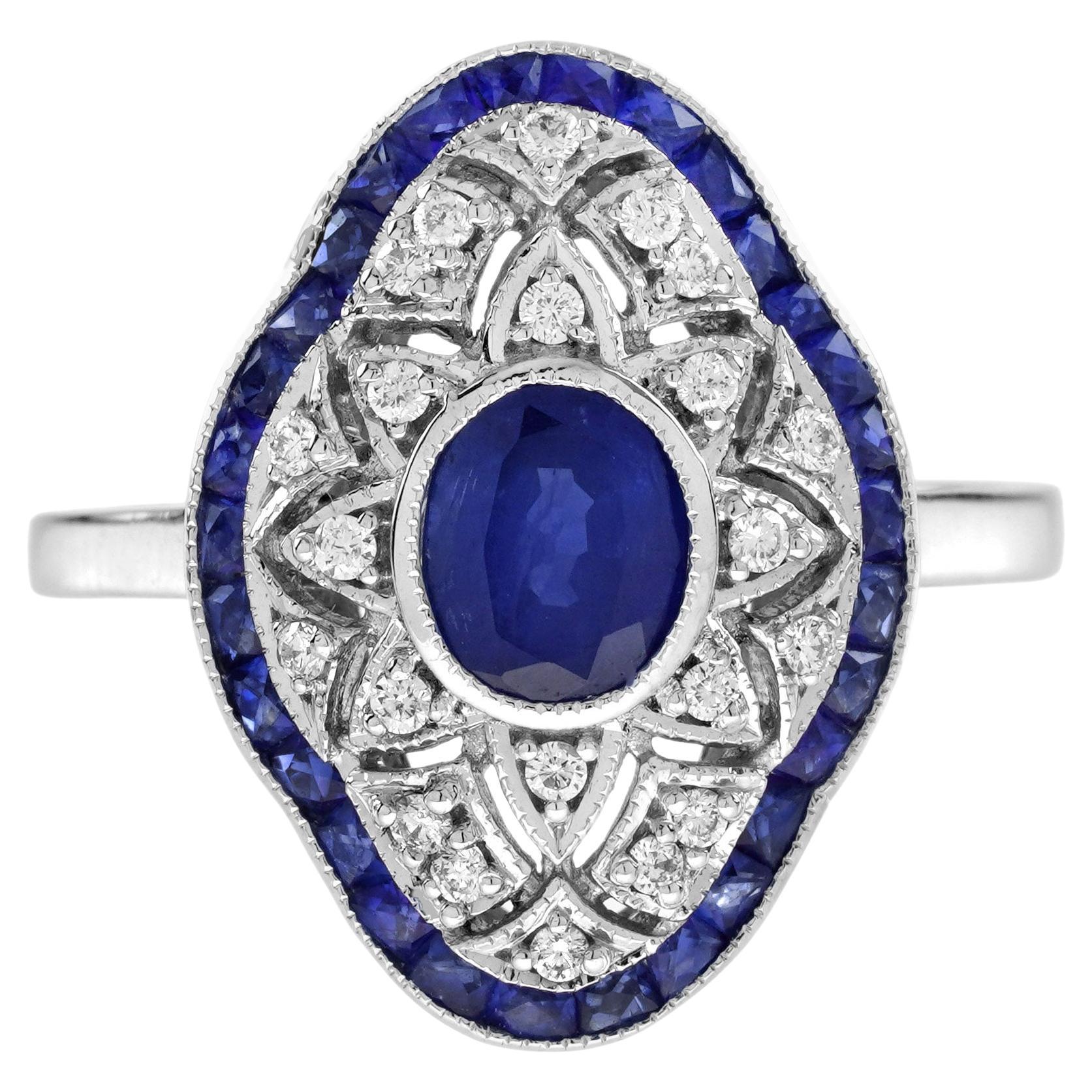 Blue Sapphire Diamond Edwardian Style Openwork Ring in 18K White Gold
