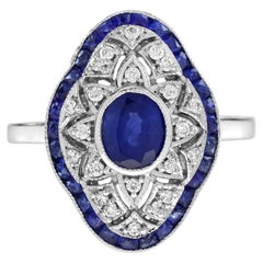 Blue Sapphire Diamond Edwardian Style Openwork Ring in 18K White Gold