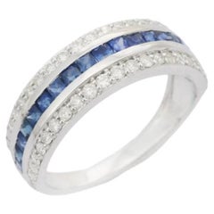 Blue Sapphire Diamond Engagement Band 925 Solid Silver, Everyday Women Ring