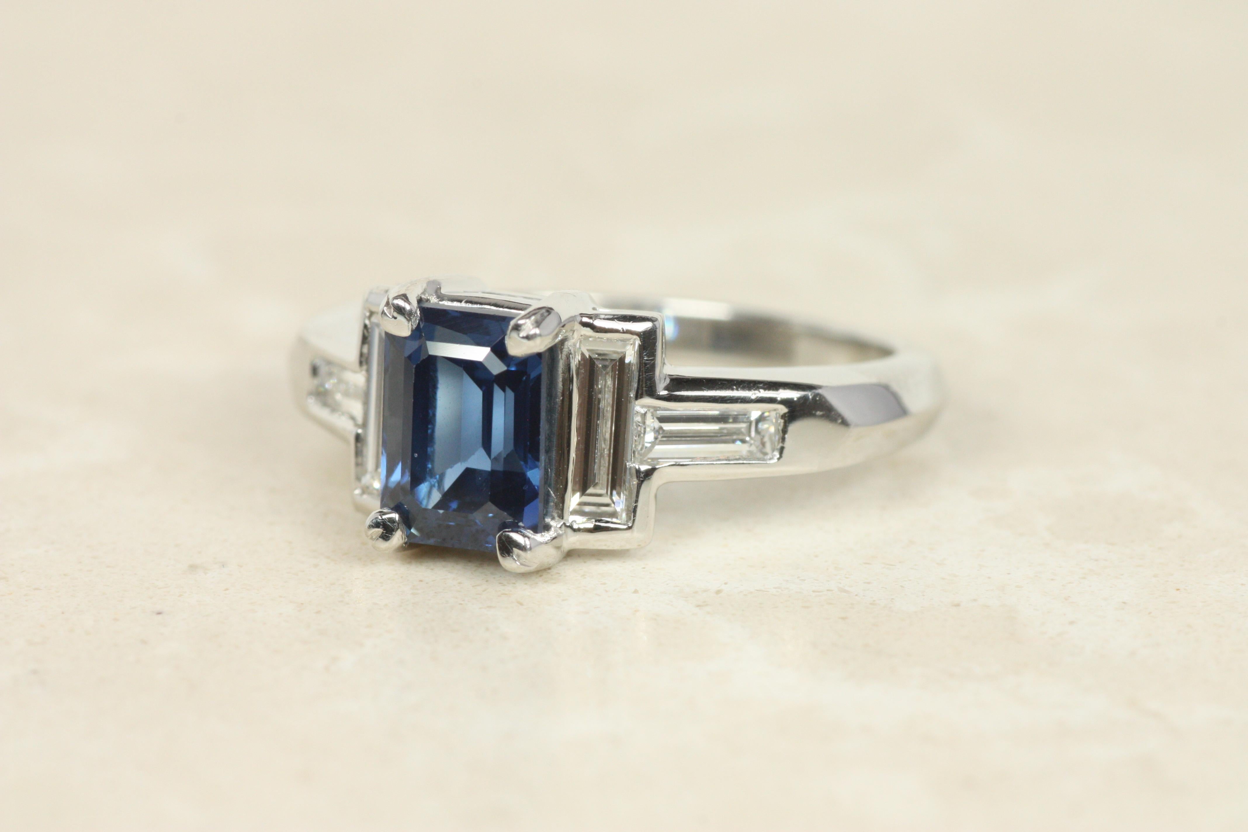 Blue Sapphire & Diamond Engagement Ring – 1.52ct Emerald Cut in Platinum In New Condition For Sale In Santa Monica, CA