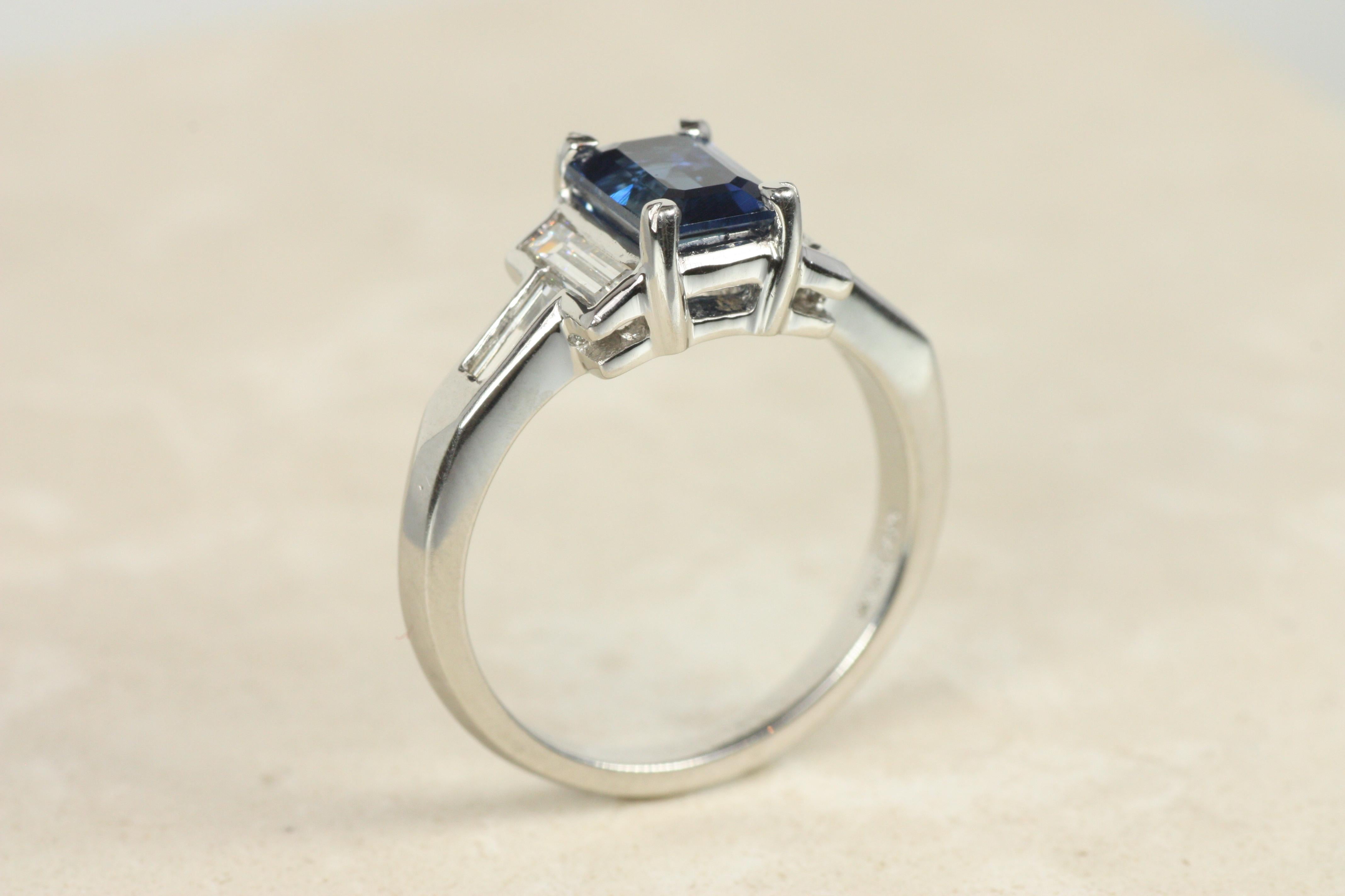 Women's Blue Sapphire & Diamond Engagement Ring – 1.52ct Emerald Cut in Platinum For Sale