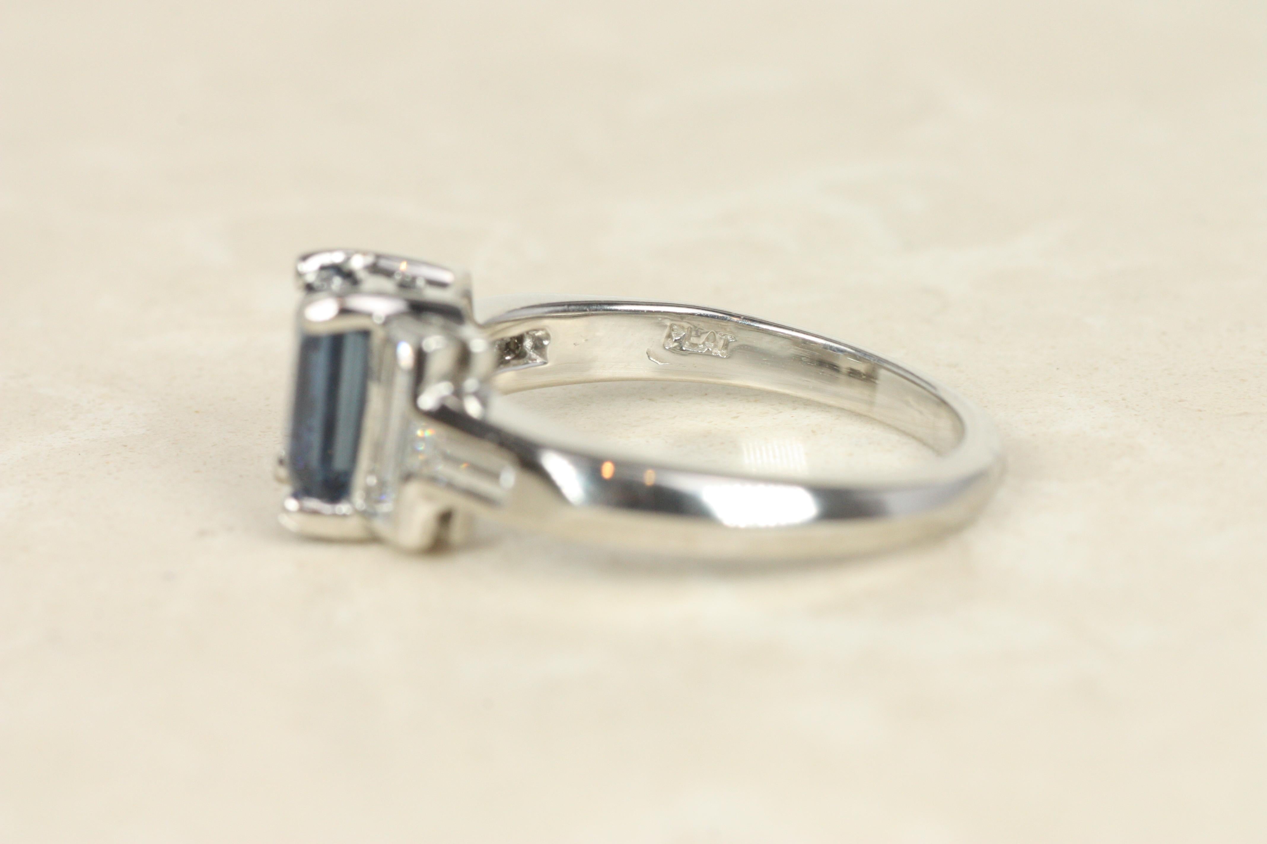 Blue Sapphire & Diamond Engagement Ring – 1.52ct Emerald Cut in Platinum For Sale 3