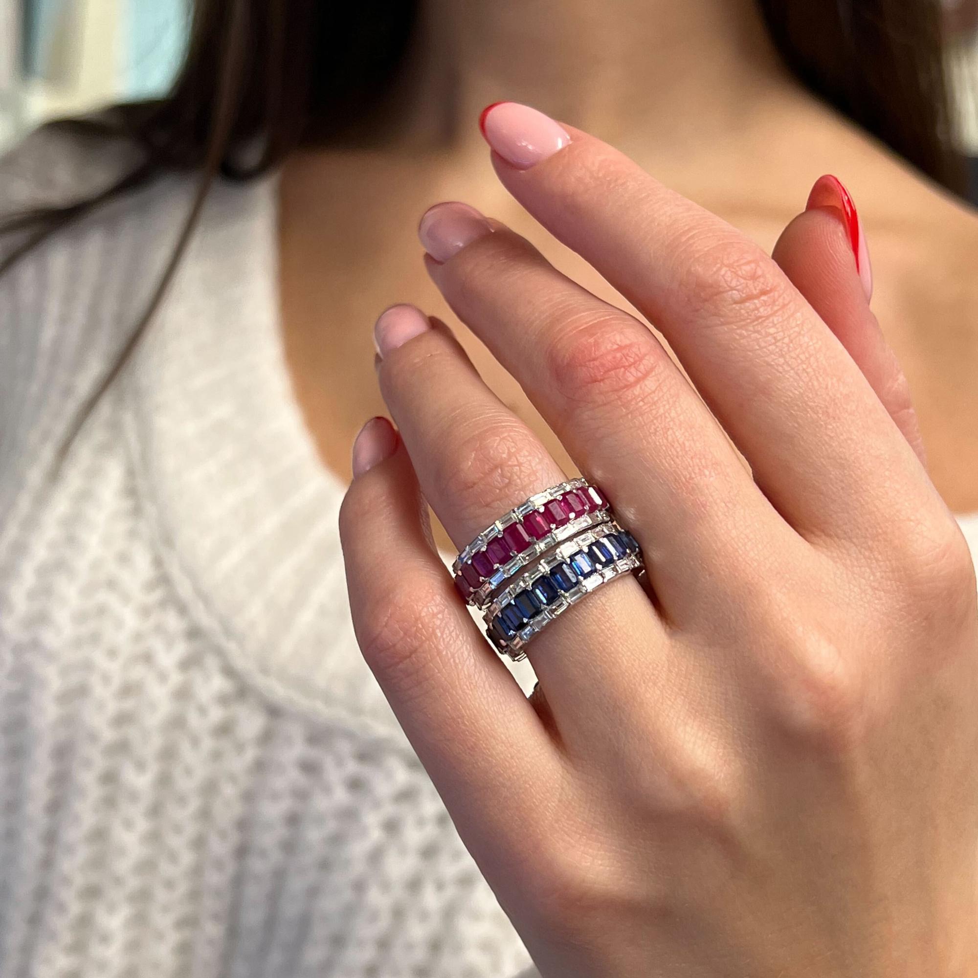 Modern Blue Sapphire & Diamond Eternity Band Ring 14K White Gold