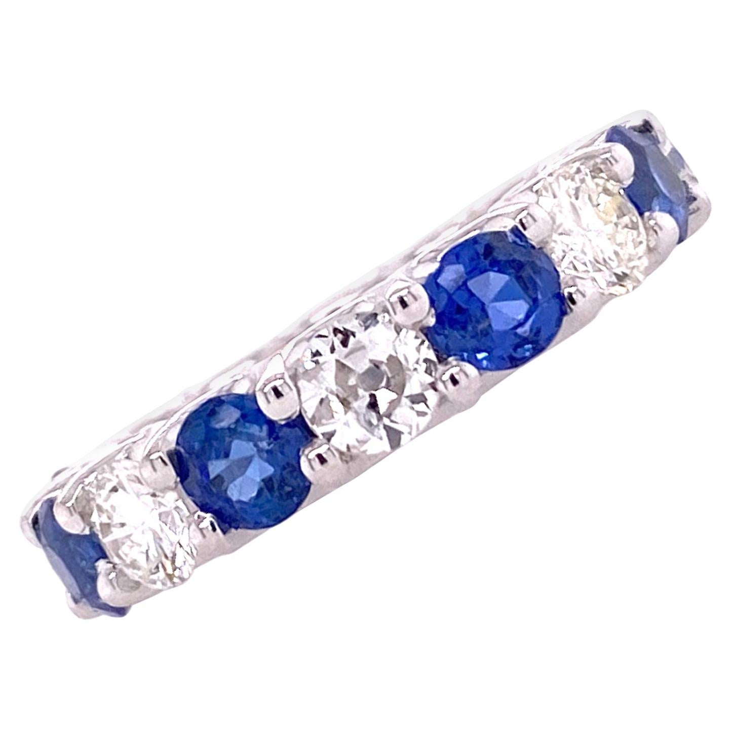 Blue Sapphire Diamond Eternity Wedding Anniversary Band Ring 18 Karat White Gold