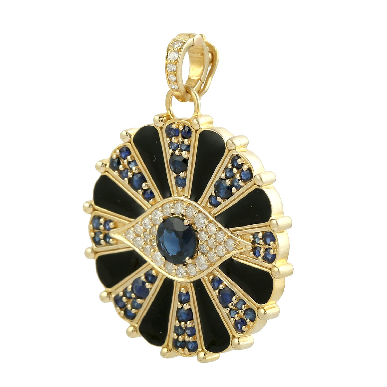 Taille mixte Pendentif en or jaune 18k saphir bleu et diamant oeil du mal en vente