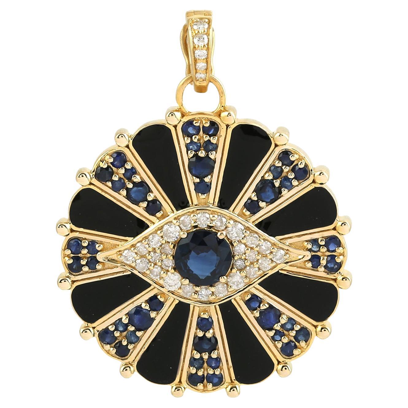 Blue Sapphire & Diamond Evil Eye Pendant Made In 18k Yellow Gold
