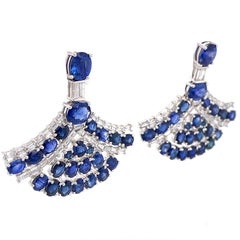RUCHI Blue Sapphire with Diamond Baguettes White Gold Fan-Shaped Earrings