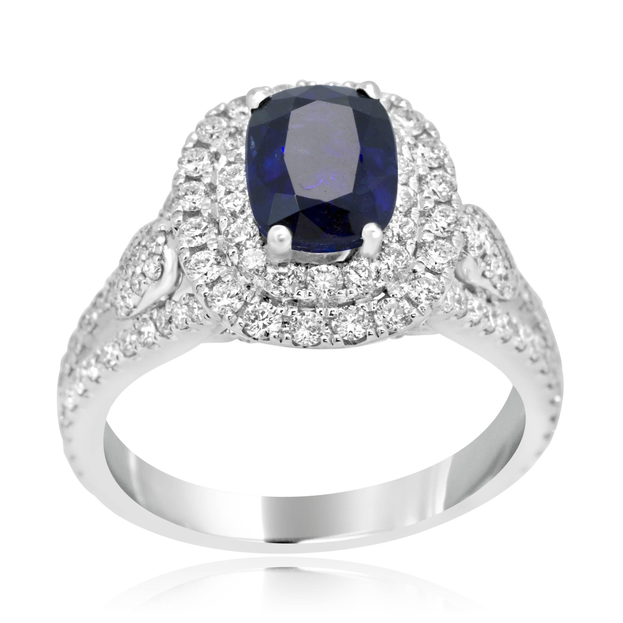 Blue Sapphire Diamond Fashion Double Halo Bridal Fashion Ring In New Condition In NEW YORK, NY