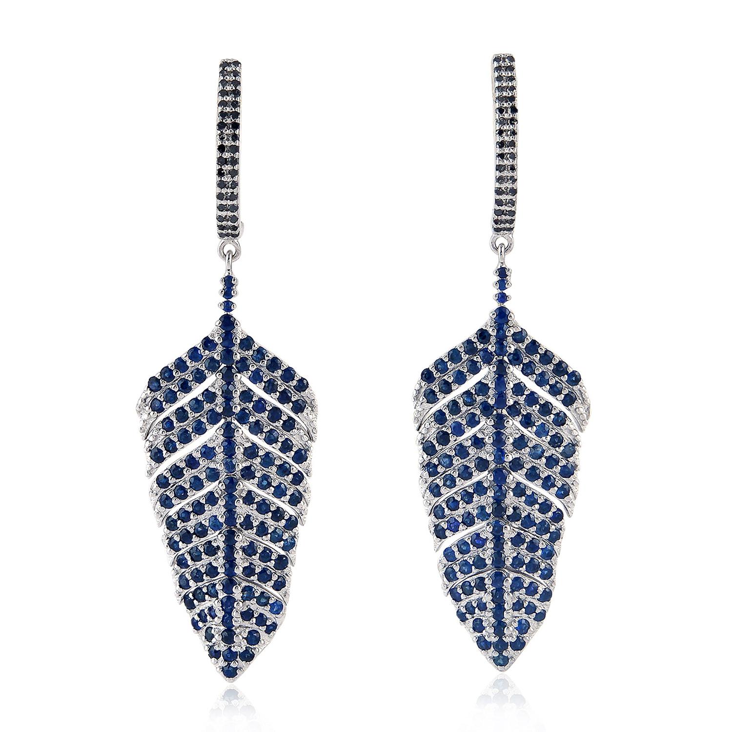 Contemporary Blue Sapphire Diamond Feather Earrings For Sale