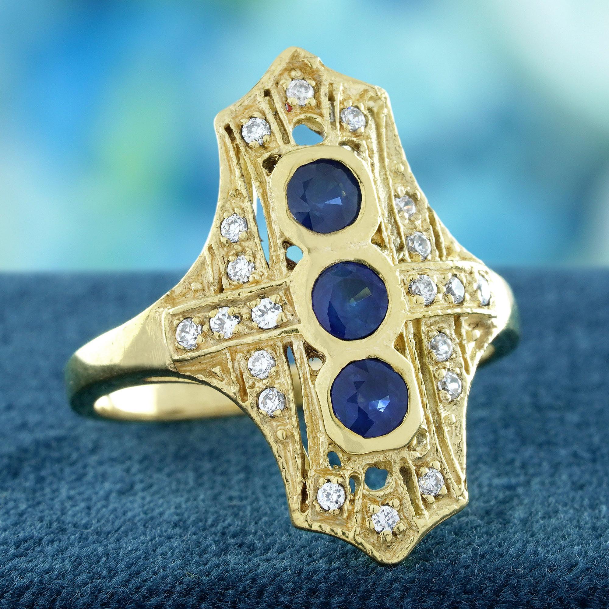 Edwardian Blue Sapphire Diamond Filigree  Three Stone Ring in Solid 14K Yellow Gold For Sale