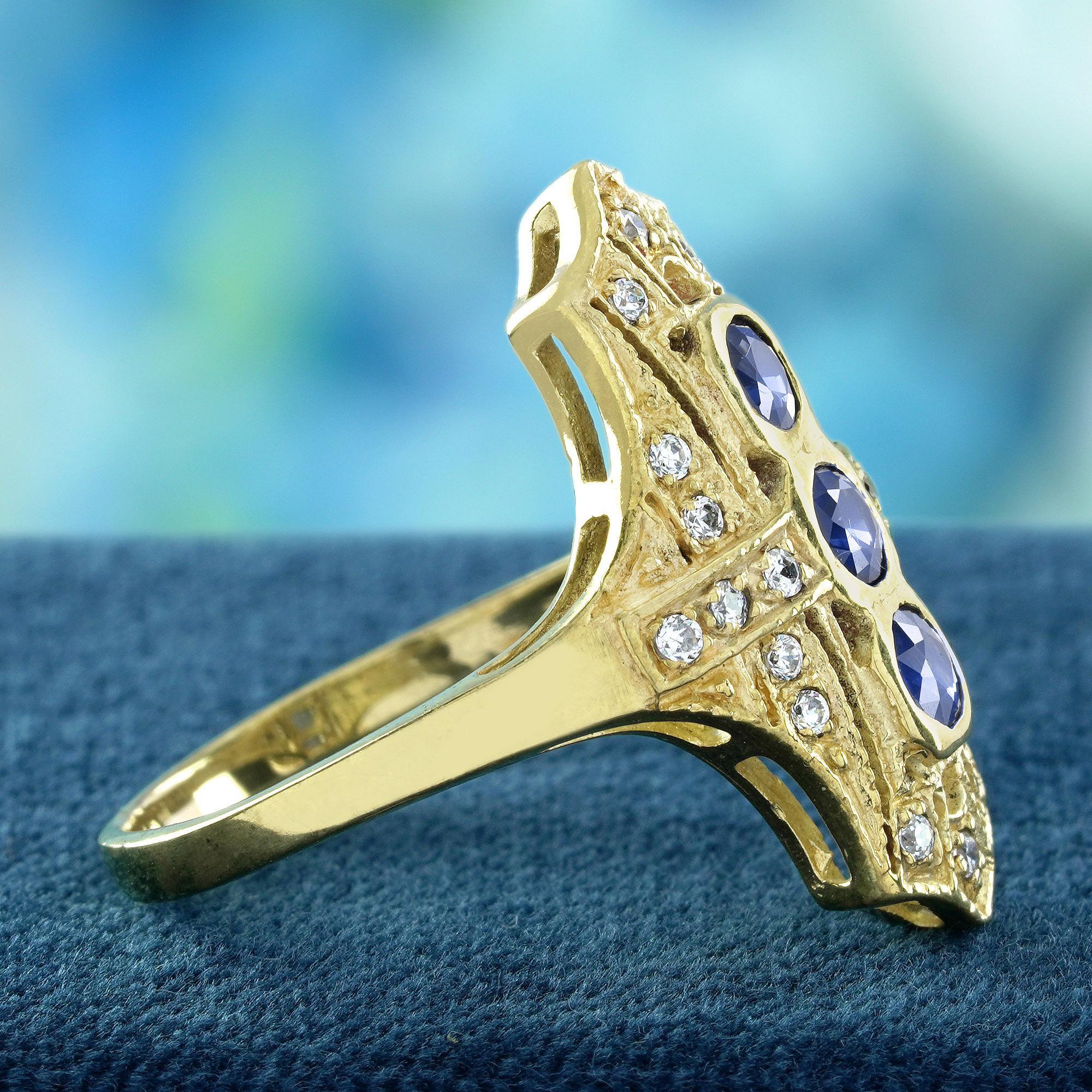 Round Cut Blue Sapphire Diamond Filigree  Three Stone Ring in Solid 14K Yellow Gold For Sale