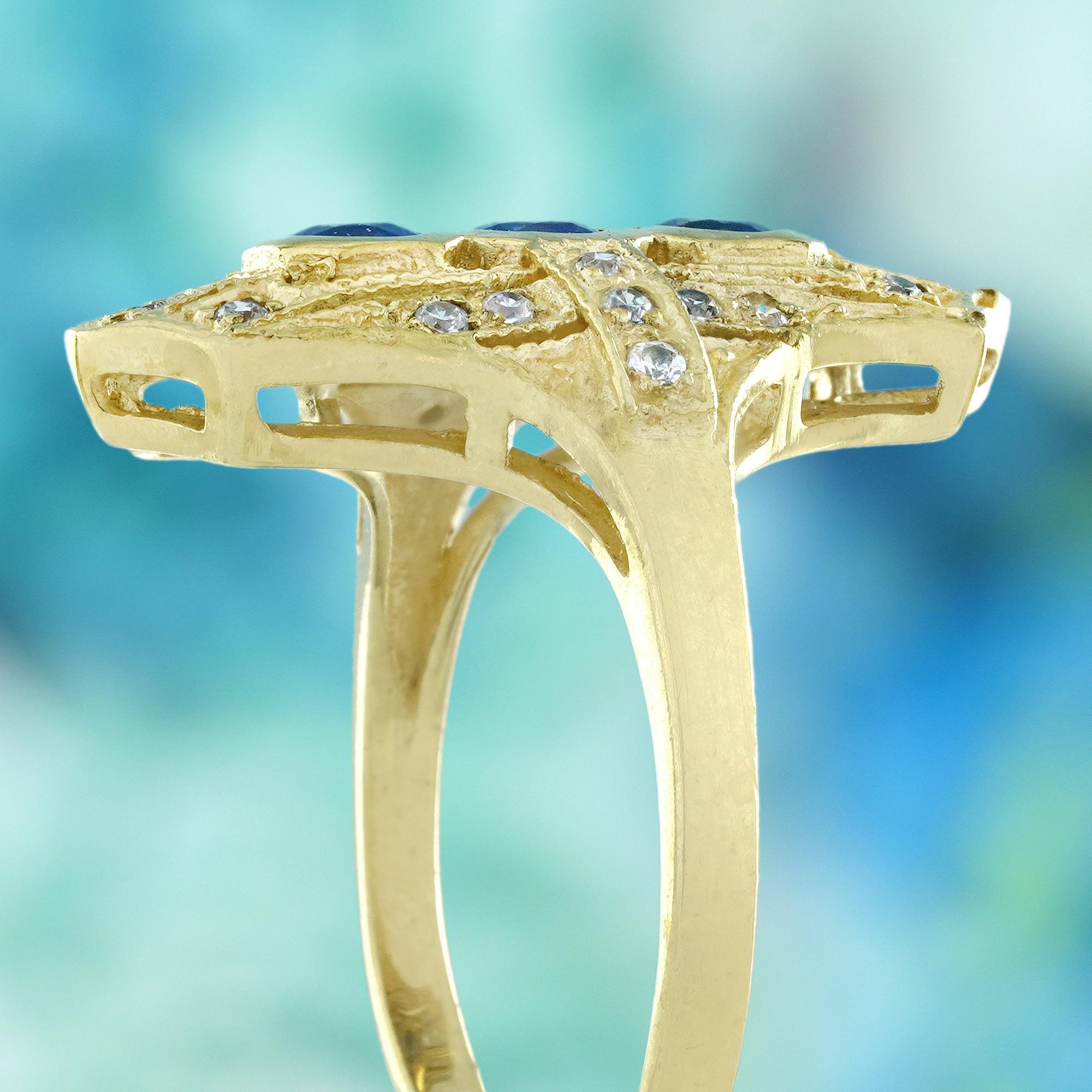 Women's Blue Sapphire Diamond Filigree  Three Stone Ring in Solid 14K Yellow Gold For Sale