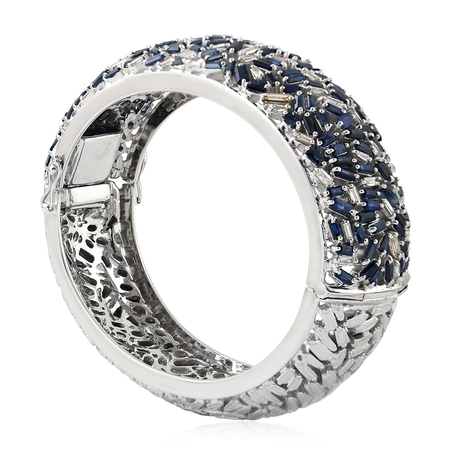 Blue Sapphire & Diamond Fireworks Cuff Made In 18k Gold & Silver In New Condition For Sale In New York, NY
