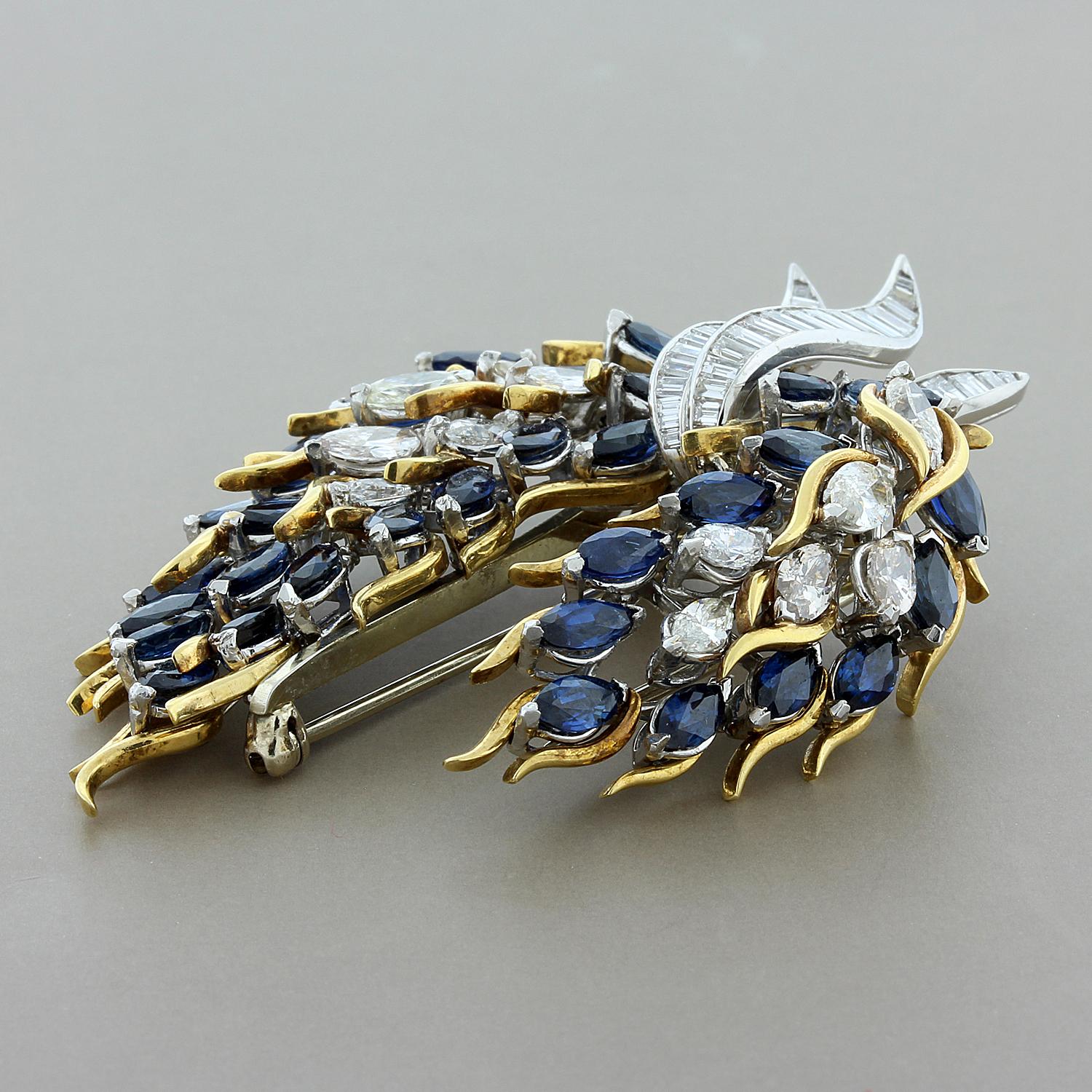 An estate piece, very unique in style. It features approximately 10.00 carats of blue sapphire and 5.00 carats of brilliant white diamonds. The brooch has a flexible design allowing it to fit perfectly with all attire. A truly fine piece of jewelry
