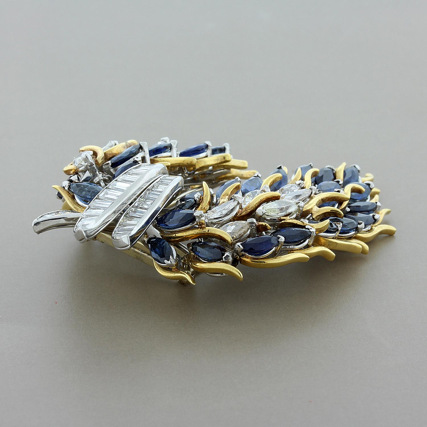 Mixed Cut Blue Sapphire Diamond Flex Brooch in Platinum and Gold For Sale