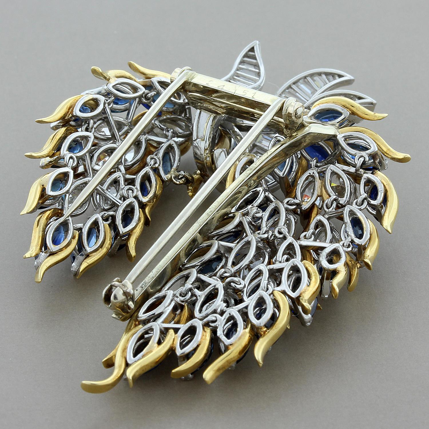 Blue Sapphire Diamond Flex Brooch in Platinum and Gold In Excellent Condition For Sale In Beverly Hills, CA