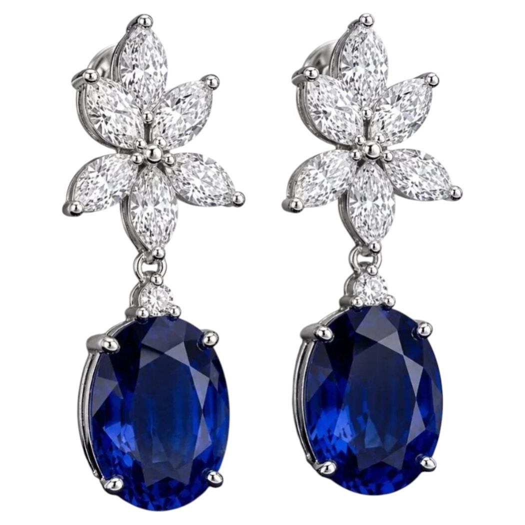 10.50ct Blue Sapphire & Diamond Floral Drop Earrings in 14K White Gold