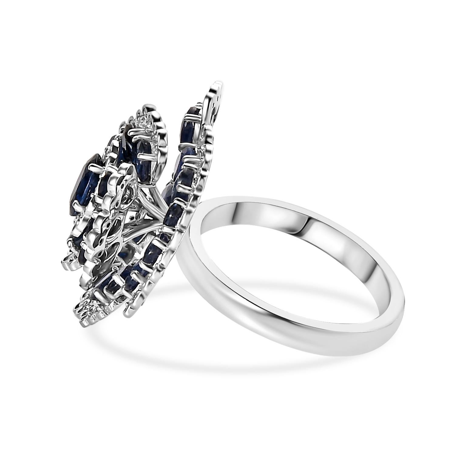 For Sale:  Blue Sapphire Diamond Floral Statement Cocktail Ring in 14k White Gold 5