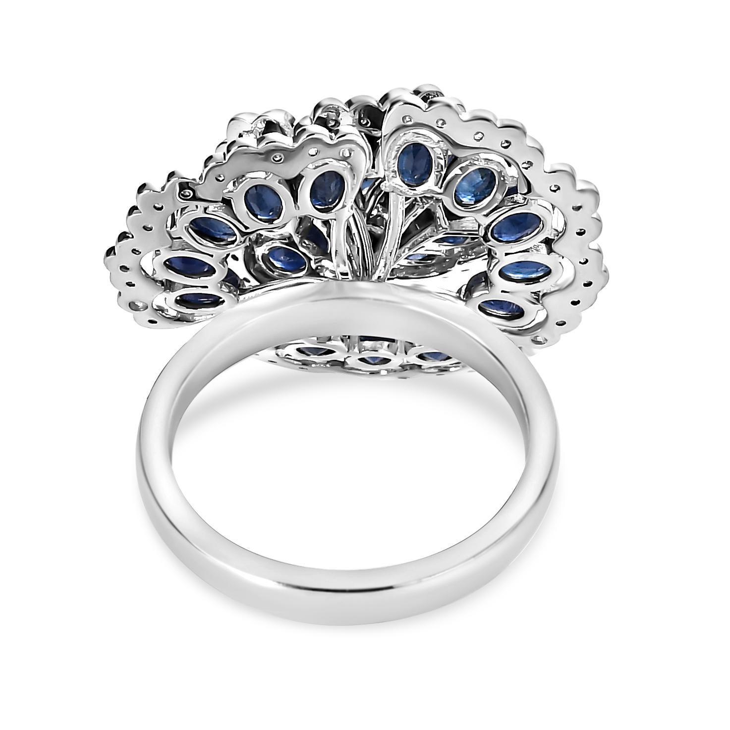 For Sale:  Blue Sapphire Diamond Floral Statement Cocktail Ring in 14k White Gold 7