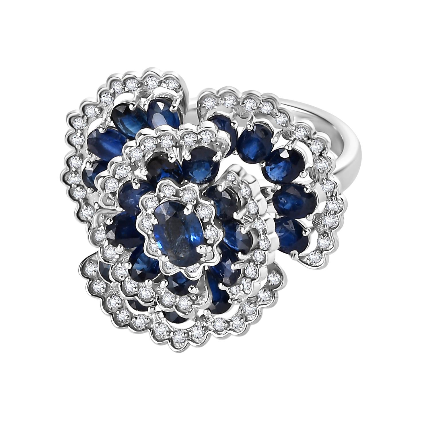 For Sale:  Blue Sapphire Diamond Floral Statement Cocktail Ring in 14k White Gold 9