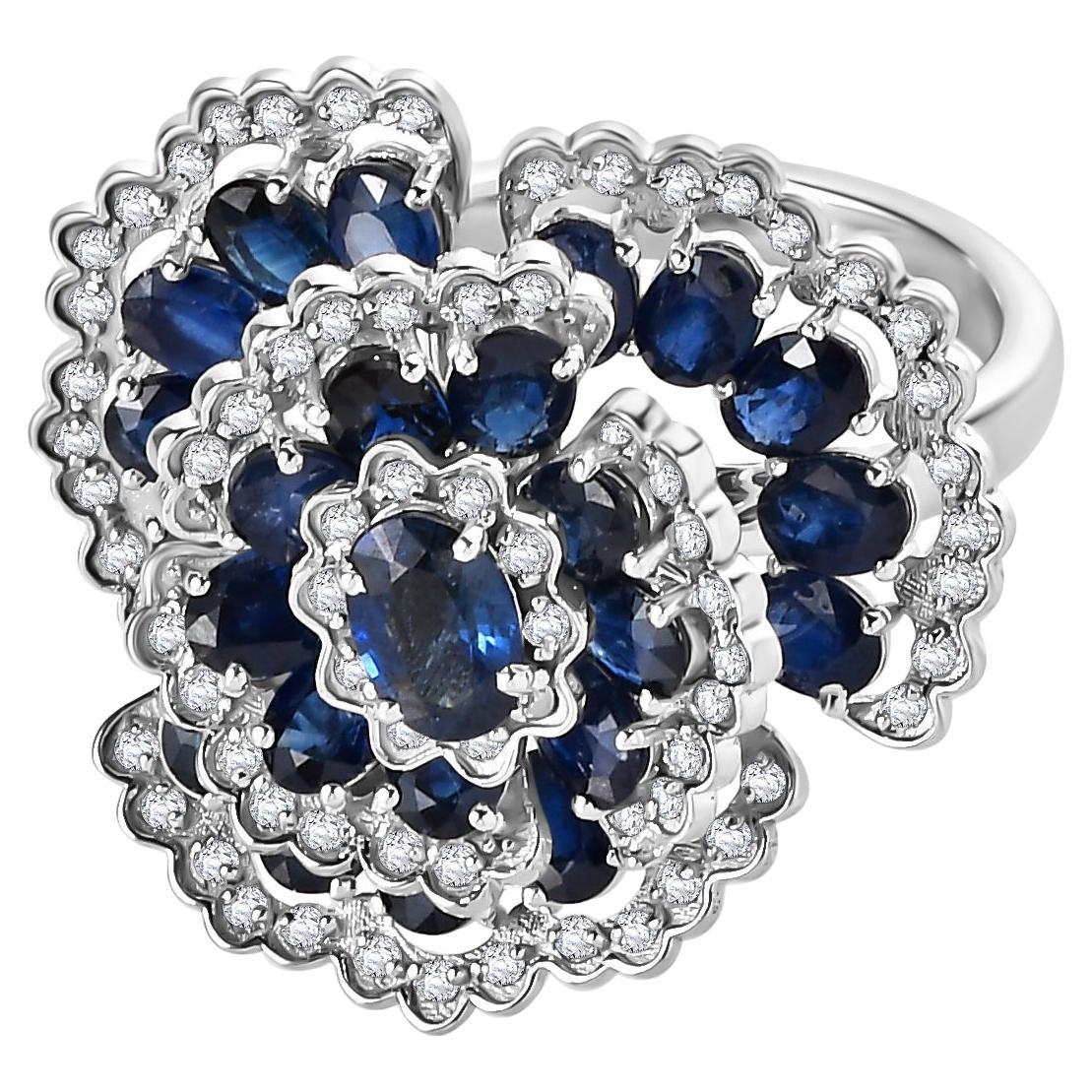 Blue Sapphire Diamond Floral Statement Cocktail Ring in 14k White Gold