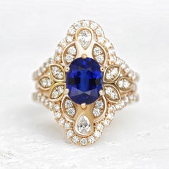 Blue Sapphire & Diamond Flower Engagement Ring with Diamond Ring Guard Lily #4