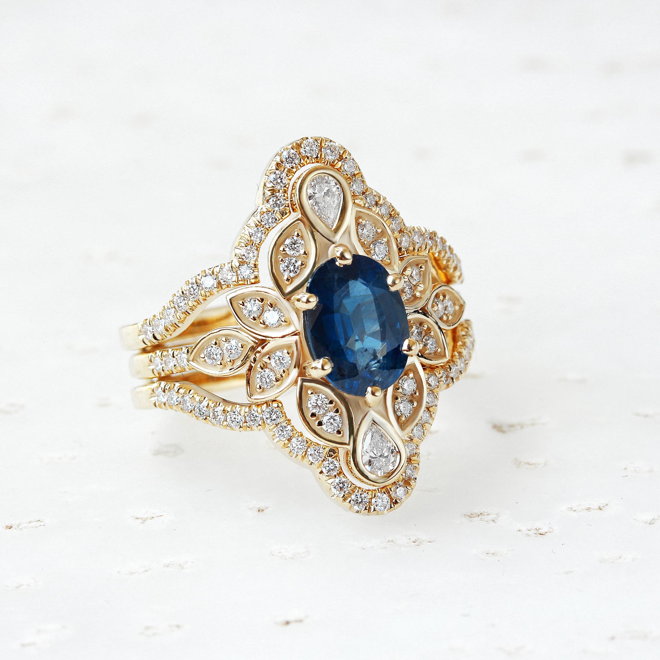 Verlobungsring mit blauem Saphir und Diamant-Blumen und Diamant-Ring mit Diamant-Ring, Lily #4  (Art déco) im Angebot