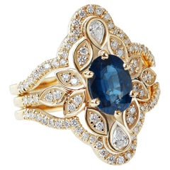 Verlobungsring mit blauem Saphir und Diamant-Blumen und Diamant-Ring mit Diamant-Ring, Lily #4 