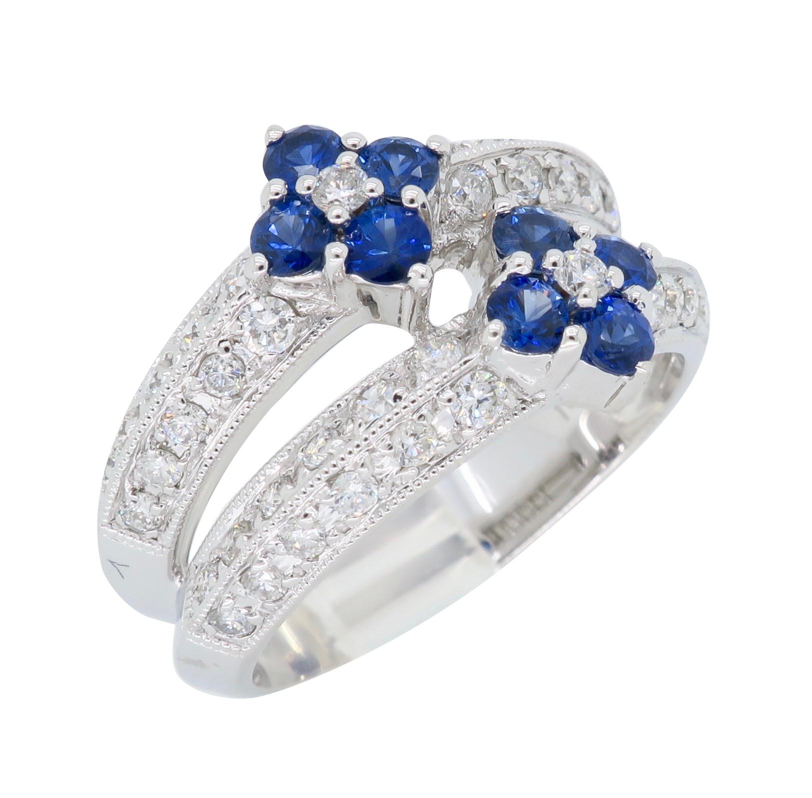 Blue Sapphire and Diamond Flower Ring In New Condition In Webster, NY