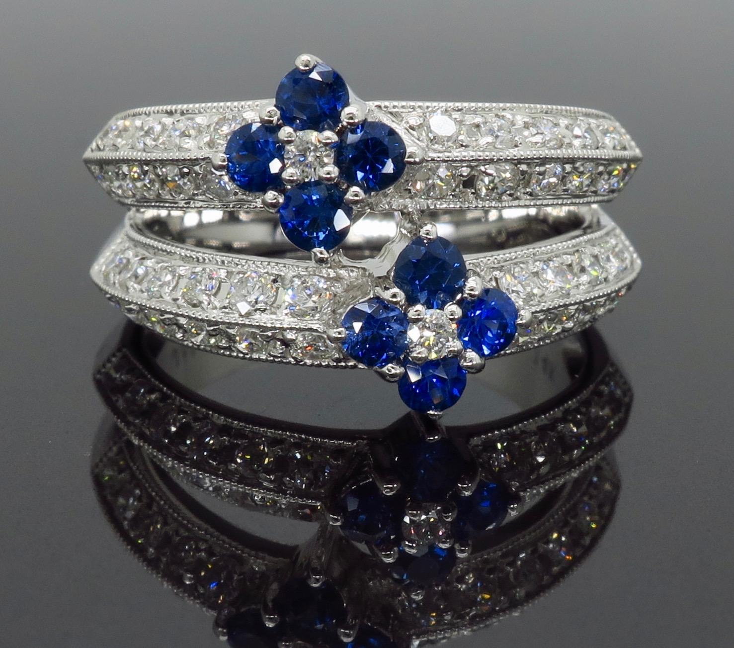 Women's or Men's Blue Sapphire and Diamond Flower Ring