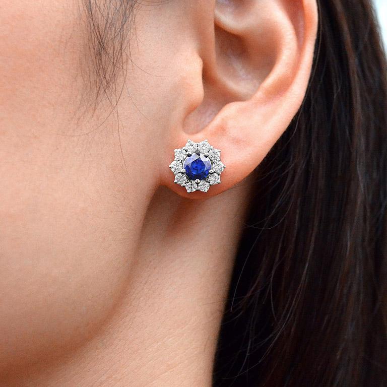 Round Cut Catherine Ceylon Sapphire and Diamond Stud Earrings in 18K White Gold For Sale