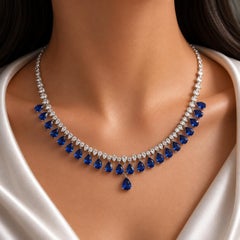 Blue Sapphire Diamond Fringe Necklace in 18K White Gold Statement Jewelry