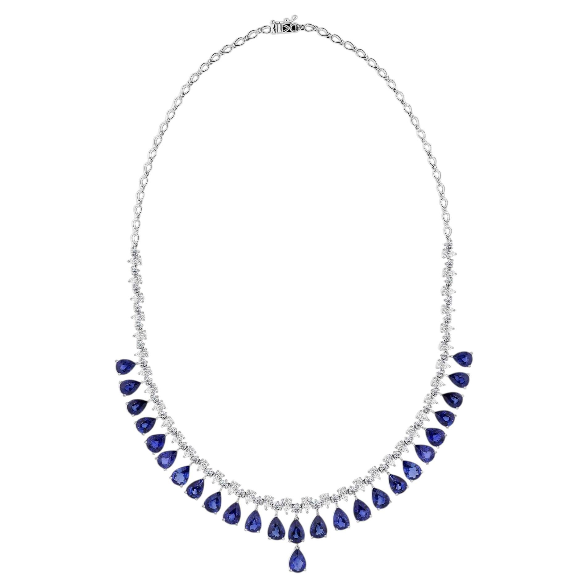 18K White Gold 31.04ct Natural Blue Sapphire & Diamond Necklace, Engagement Gift