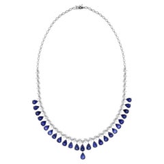 Blue Sapphire Diamond Fringe Necklace in 18K White Gold Statement Jewelry