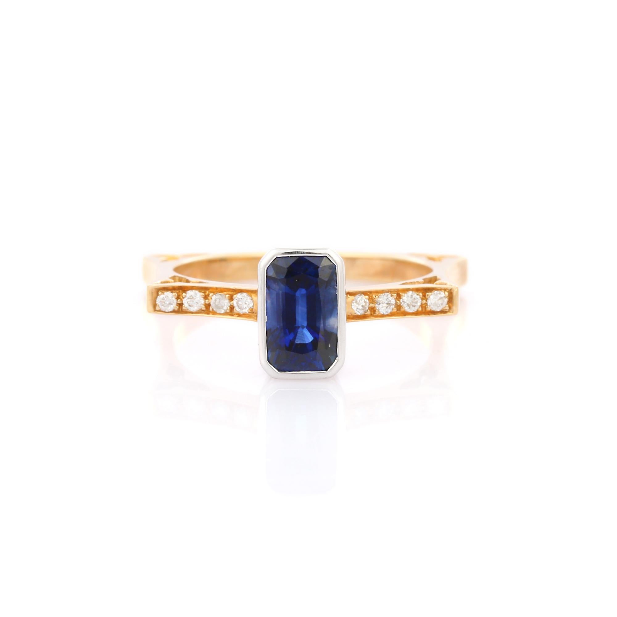 For Sale:  Blue Sapphire Diamond Geometrical Designer Ring in 18K Yellow Gold 2