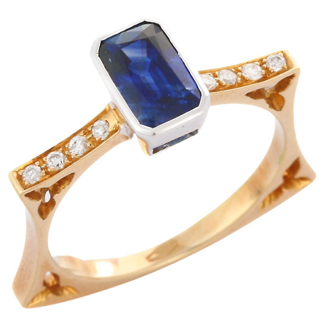 Bague de créateur géométrique en or jaune 18 carats avec saphir bleu et diamant