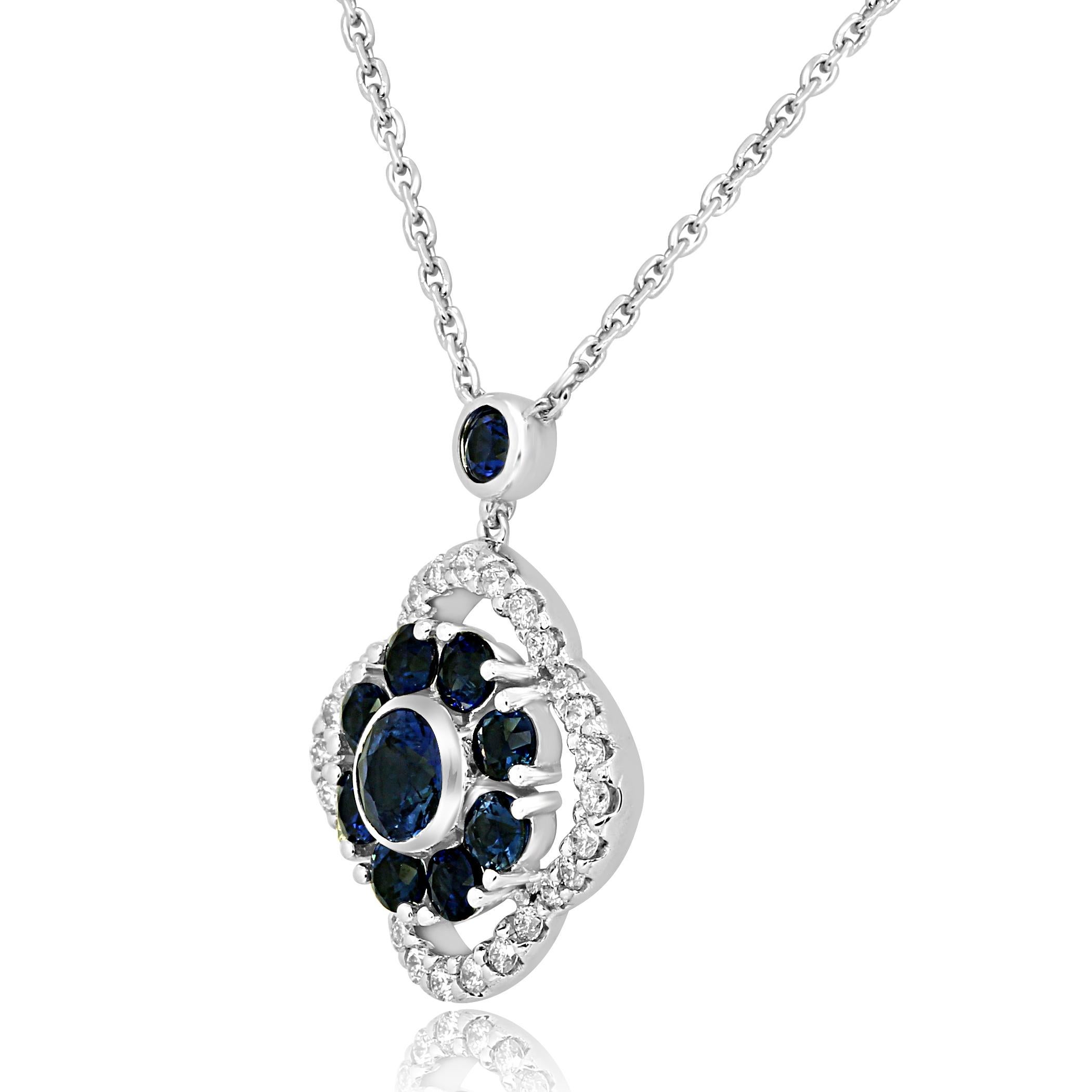 10 Blue Sapphire Round 1.88 Carat Encircled by White Diamond 0.41 Carat in 14K White Gold Stunning Drop Necklace.

MADE IN USA
Total Stone Weight 2.29 Carat
