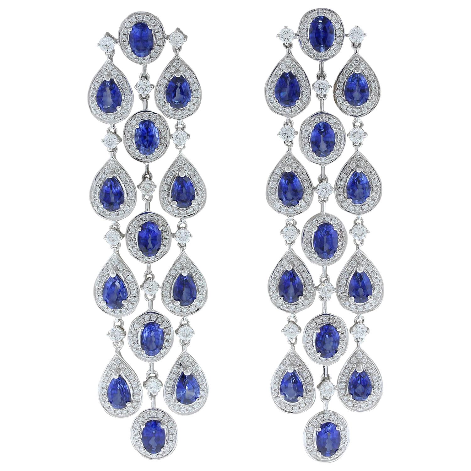 Blue Sapphire Diamond Gold Chandelier Drop Earrings For Sale