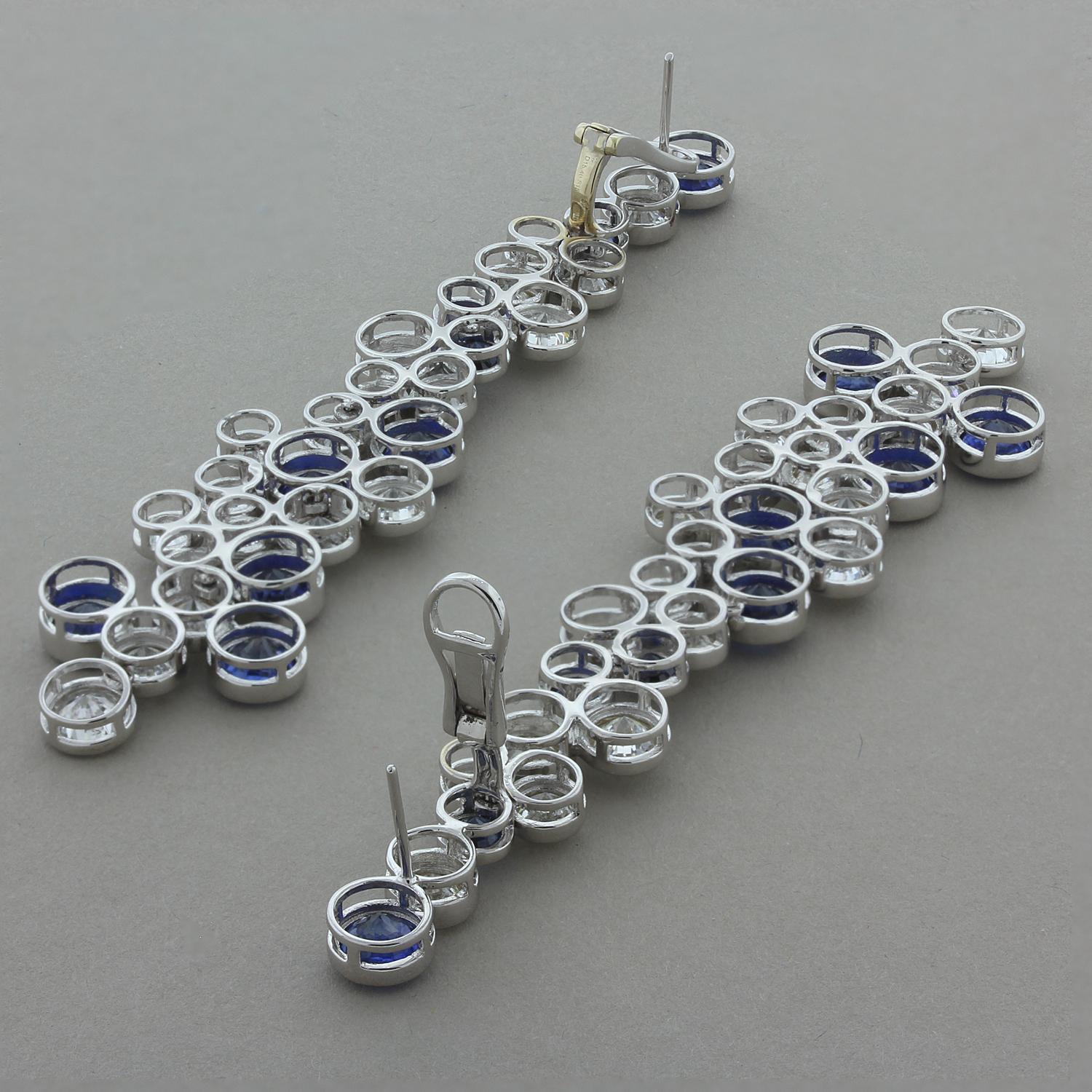 Round Cut Blue Sapphire Diamond Gold Drop Earrings For Sale