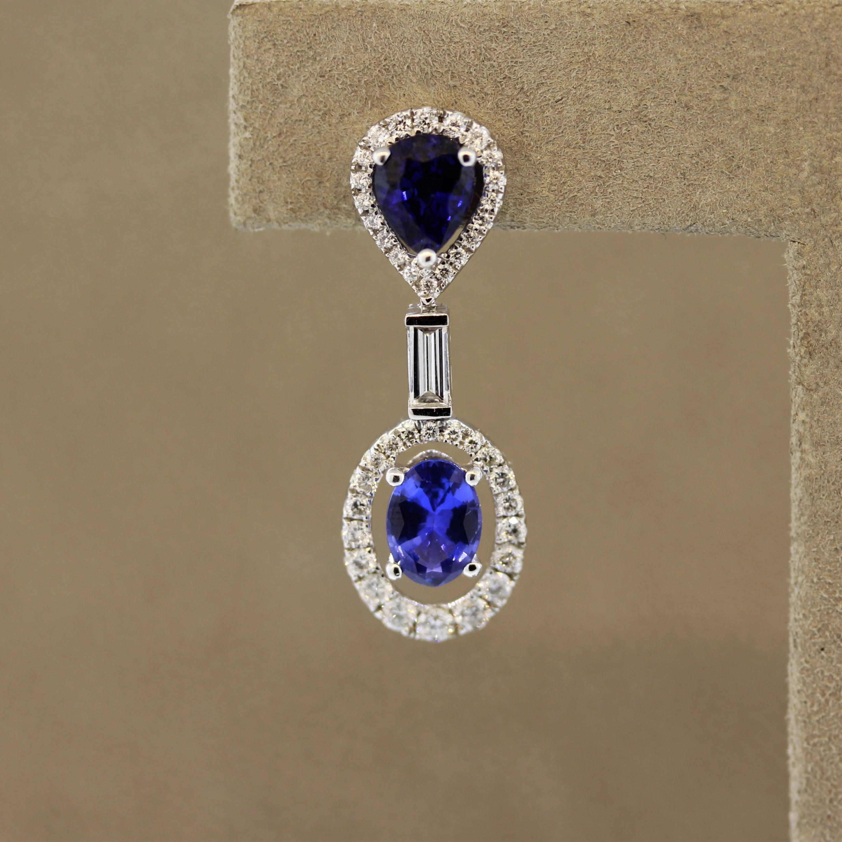 Oval Cut Blue Sapphire Diamond Gold Drop Earrings