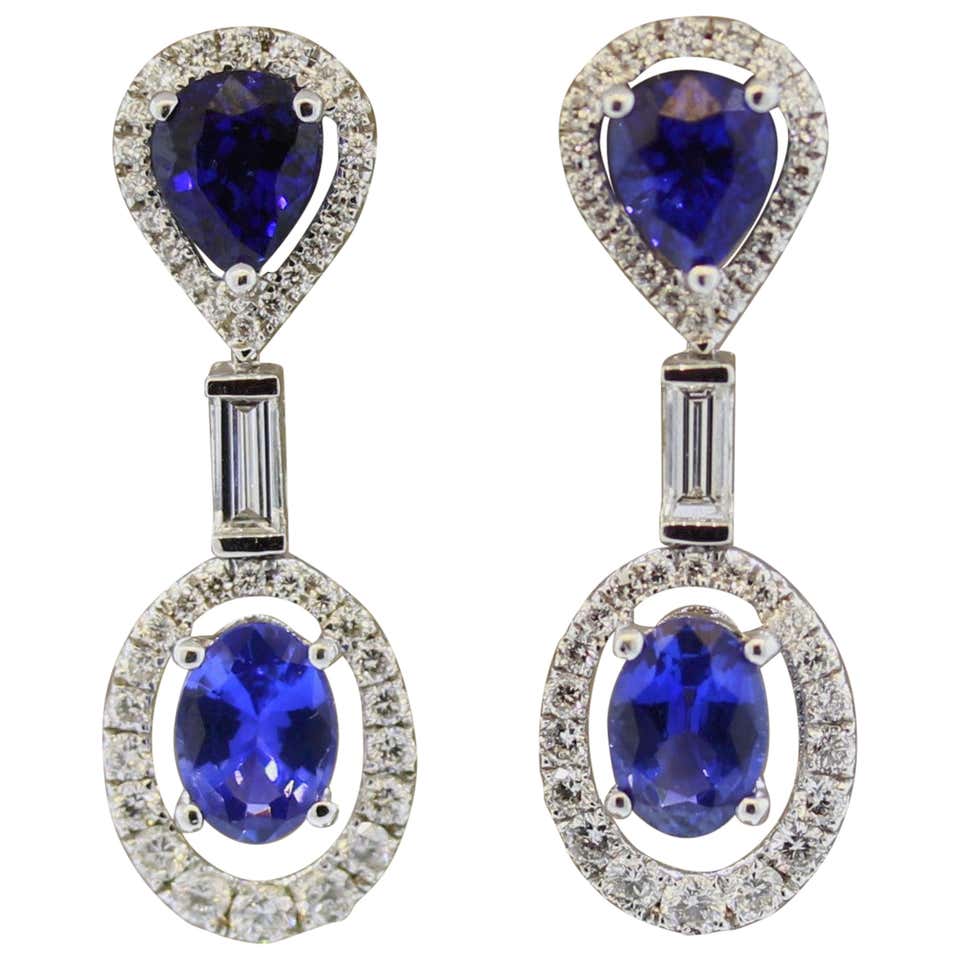 Stunning Blue Sapphire Diamond Gold Drop earrings at 1stDibs
