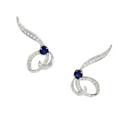 Blue Sapphire Diamond Gold Platinum Swirl Clip Post Earrings