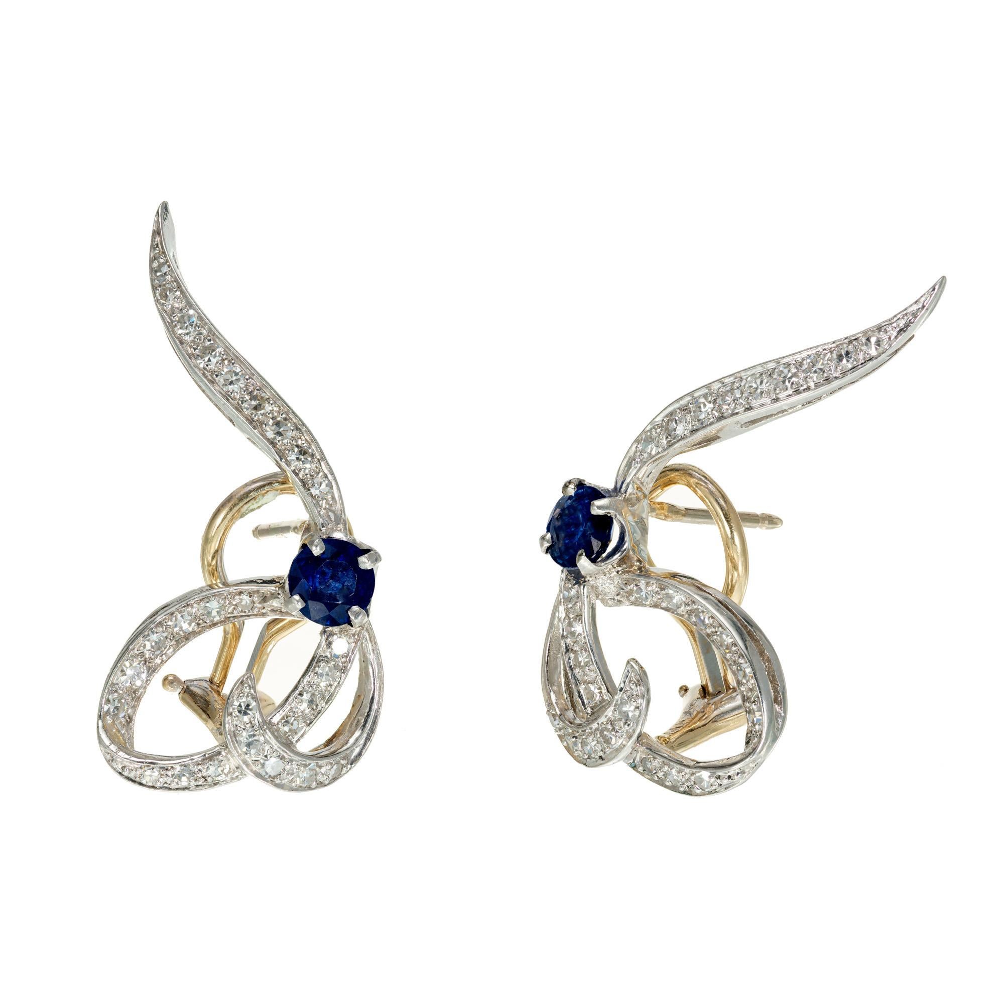 Round Cut Blue Sapphire Diamond Gold Platinum Swirl Clip Post Earrings For Sale