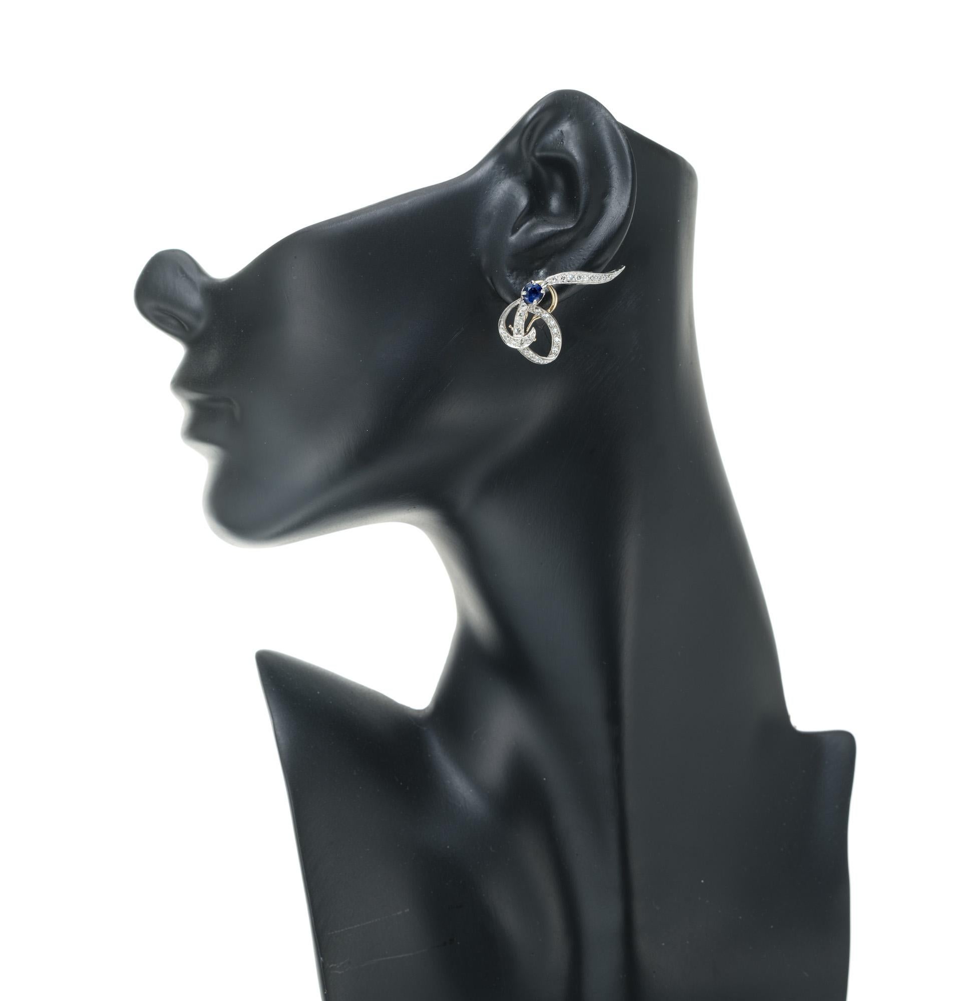Blue Sapphire Diamond Gold Platinum Swirl Clip Post Earrings For Sale 1