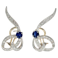 Retro Blue Sapphire Diamond Gold Platinum Swirl Clip Post Earrings