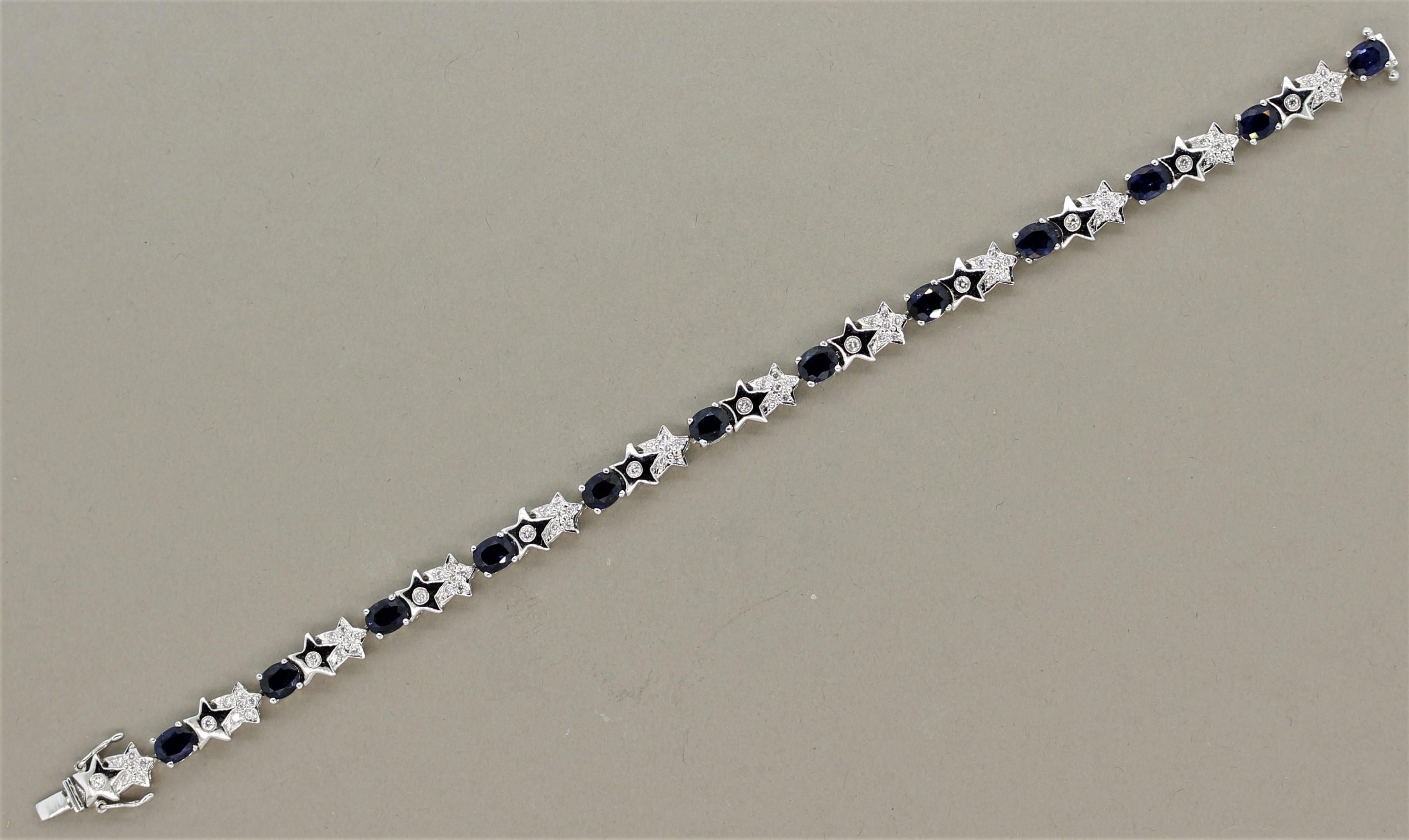 A lovely bracelet featuring 12 oval shaped blue sapphires weighing a total of 6.40 carats. They have a soft and vibrant blue color that are well matched as well as the sapphires shapes. They are accented by links of shooting stars pave set with